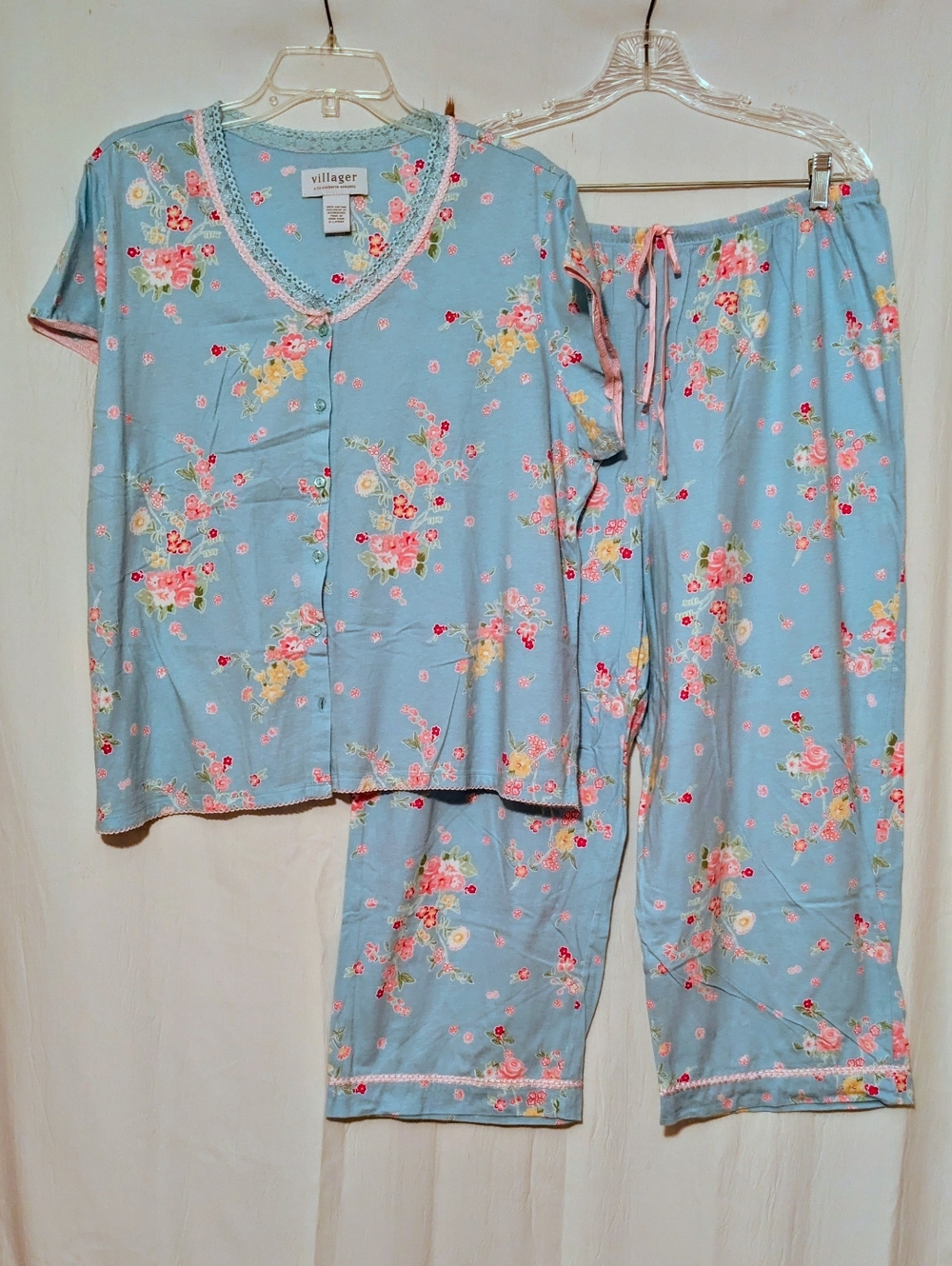 Liz Claiborne Villager Blue Floral Cotton Pajama Set with Pink & Yellow Roses XL
